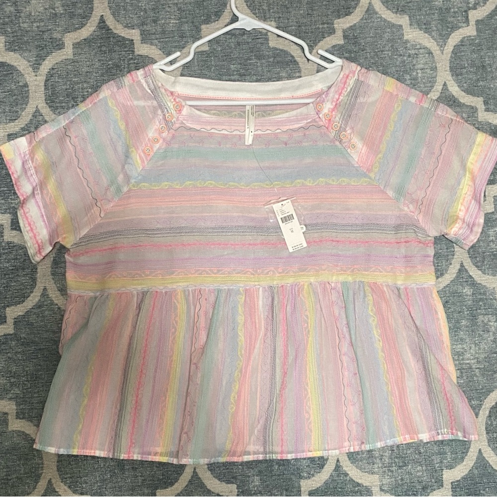By Anthropologie Multicolor Pastel Peasant Top Short Sleeves M